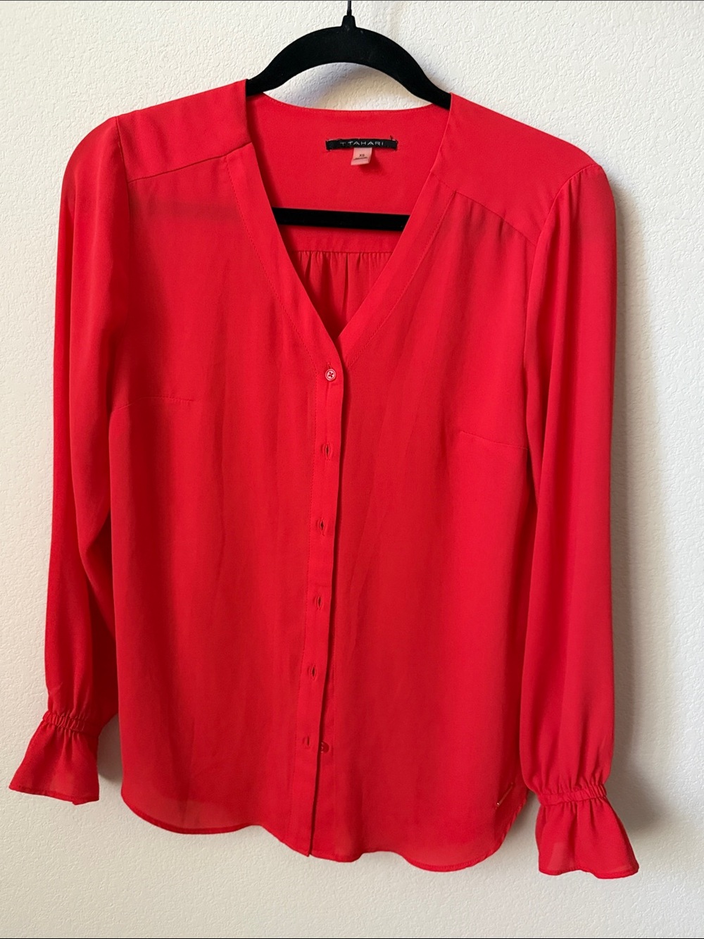 Tahari Vibrant Red V-Neck Button-Down Blouse